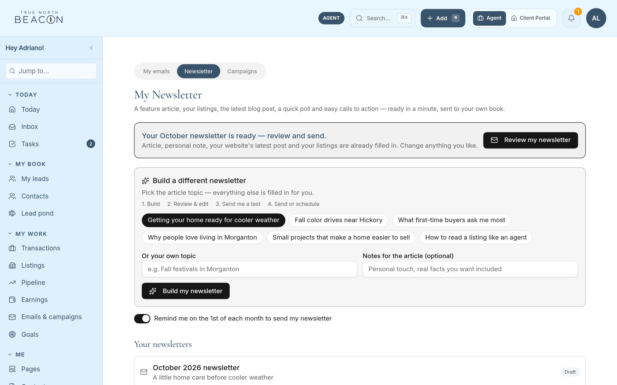 Beacon screen: Send your monthly newsletter