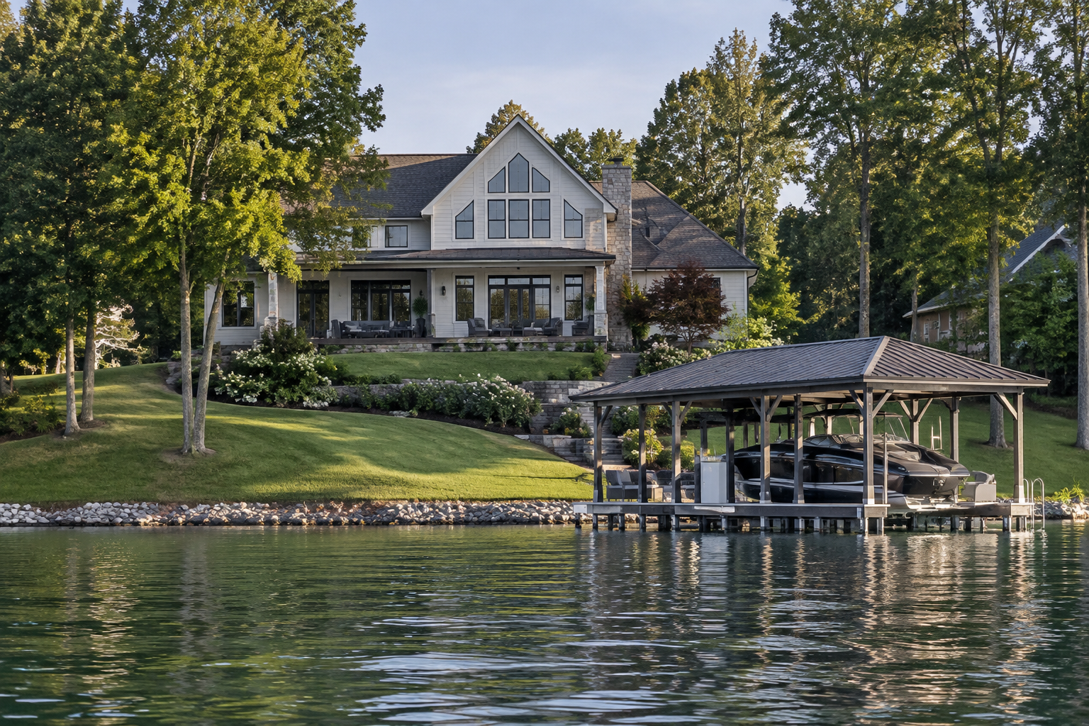 Lakefront home with a covered boat dock on Lake Norman