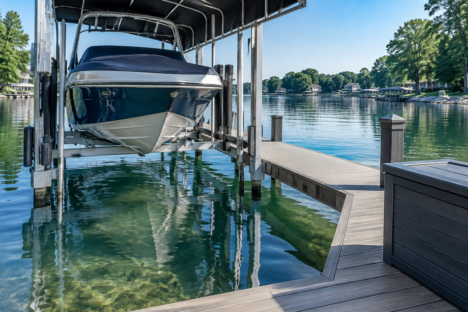 Boat lift and dock on a quiet Lake Norman cove