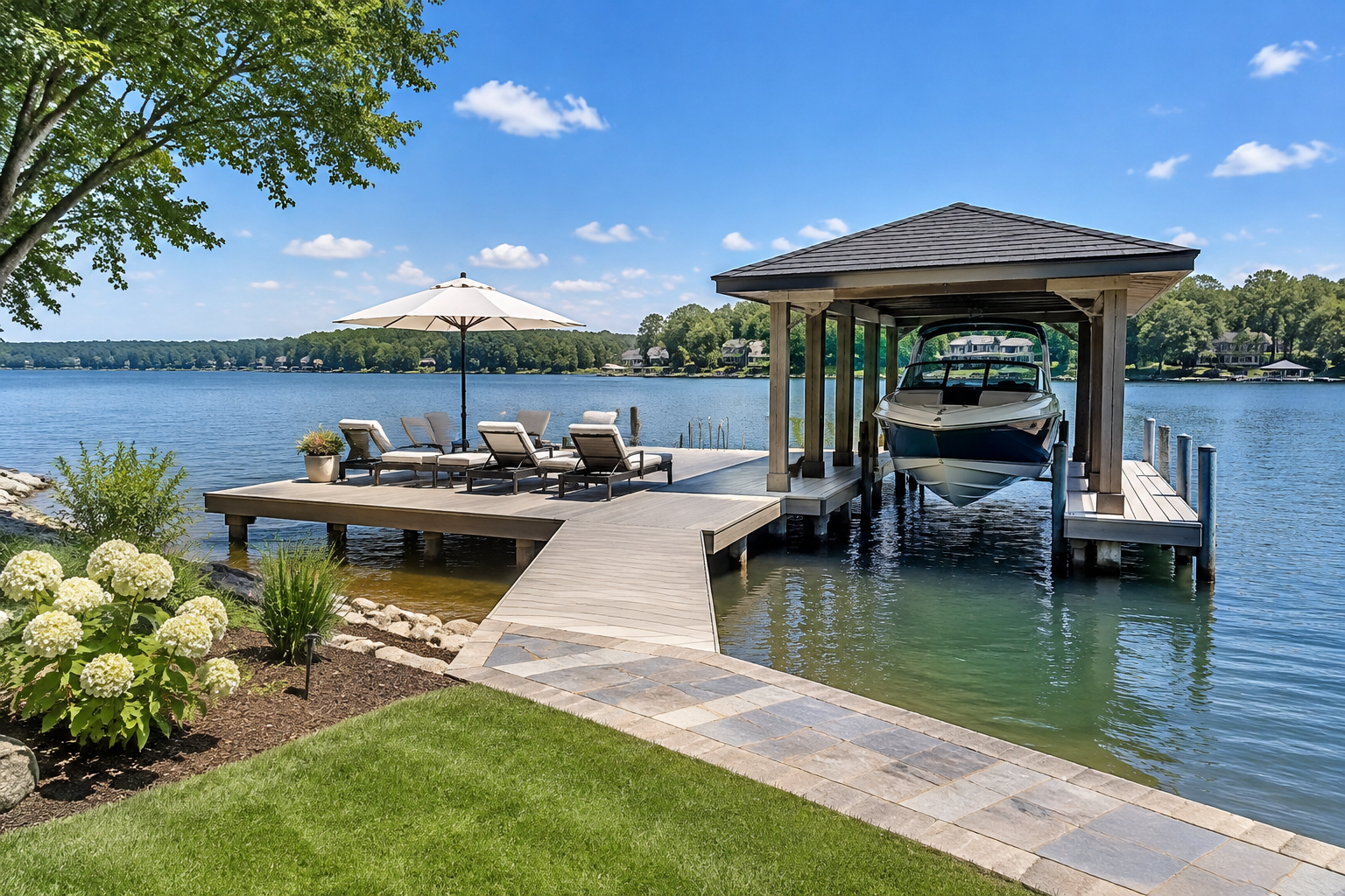 Well-kept dock and shoreline at a Lake Norman home