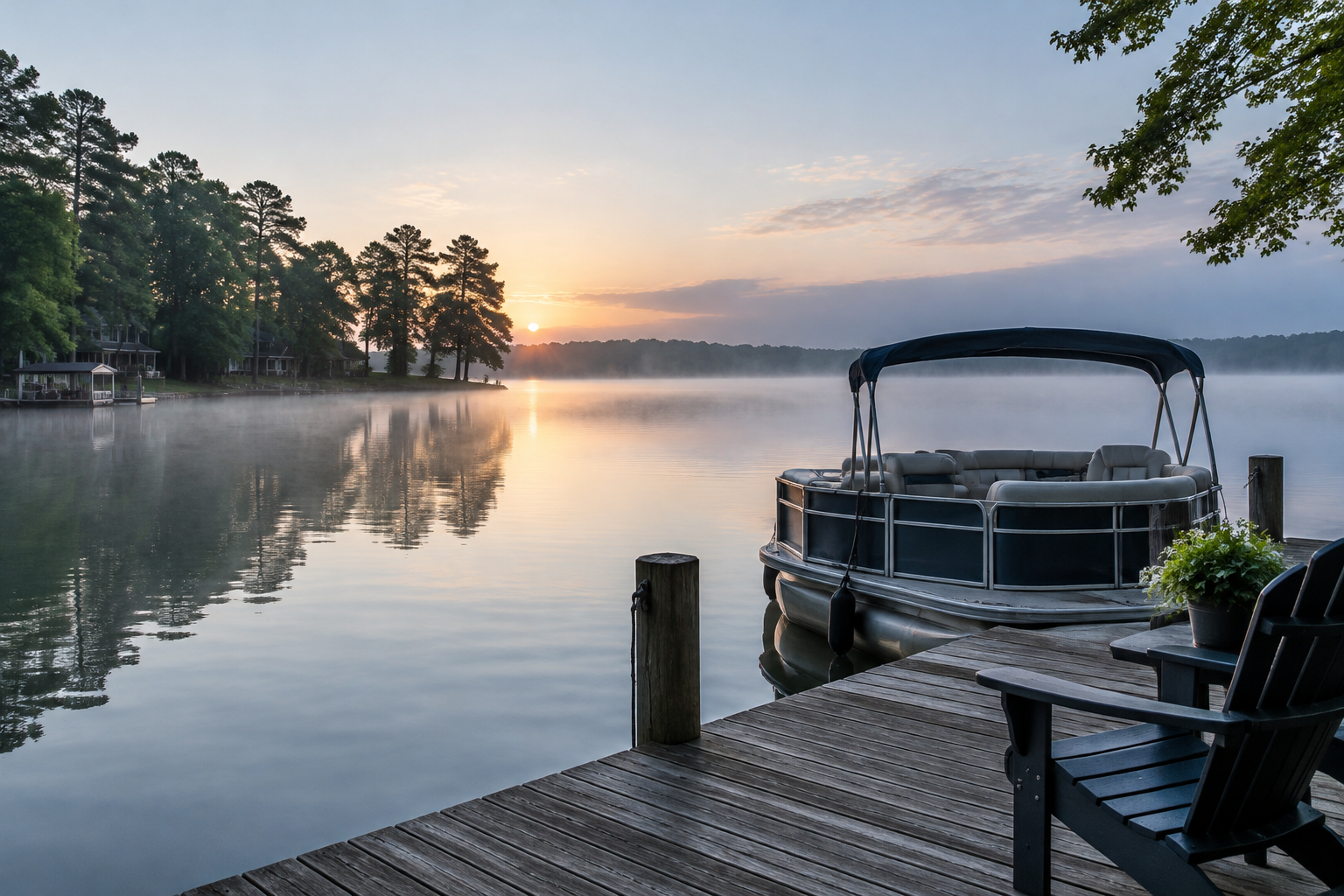 Morning light over a private dock on Lake Norman